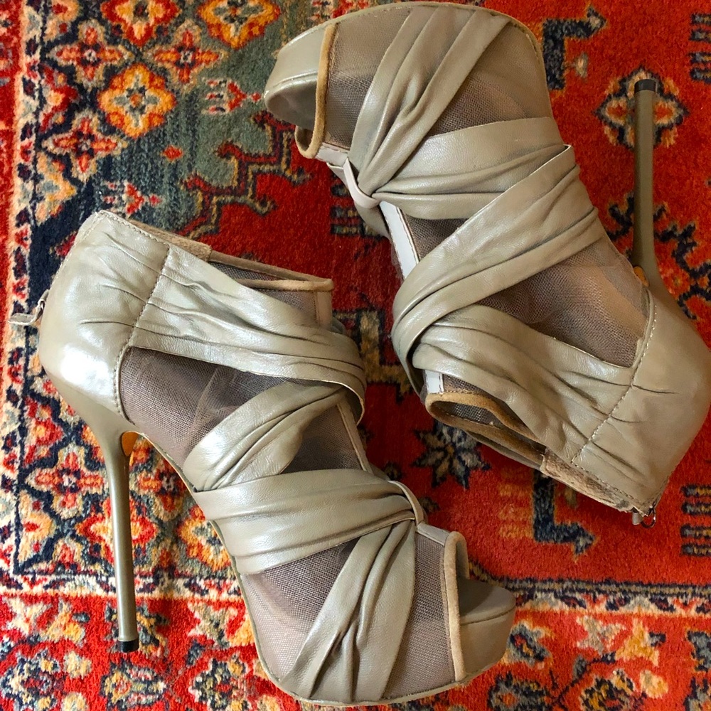 L.A.M.B. Mesh & Leather Taupe Booties, Size 8.5, 5” Stiletto Heels